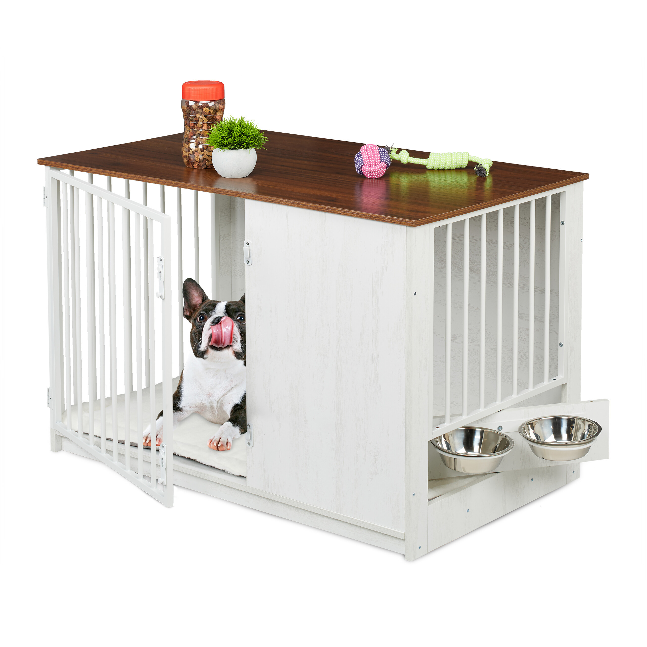 Dog Cage In White/brown - (w)102 X (h)65.5 X (d)60 Cm