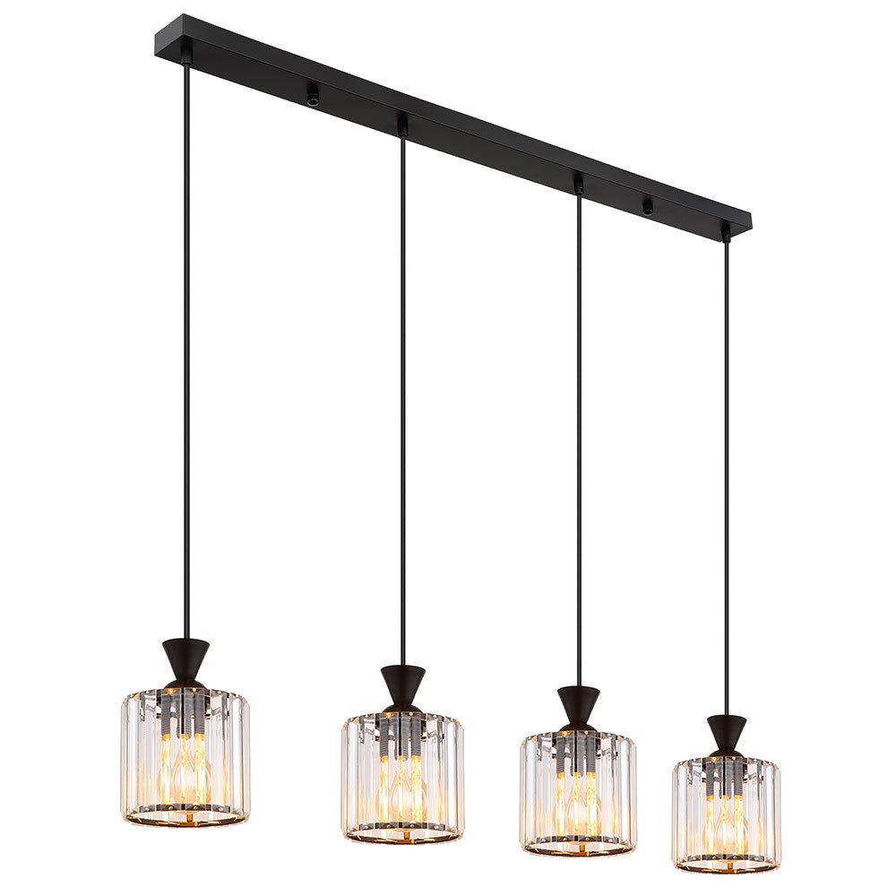 Image of 4-arm Crystal Chandelier Dining Room Light, Black Metal Pendant Lamp, 4x E27 Sockets, Dimensions Lxwxh 86x13x120 Cm
