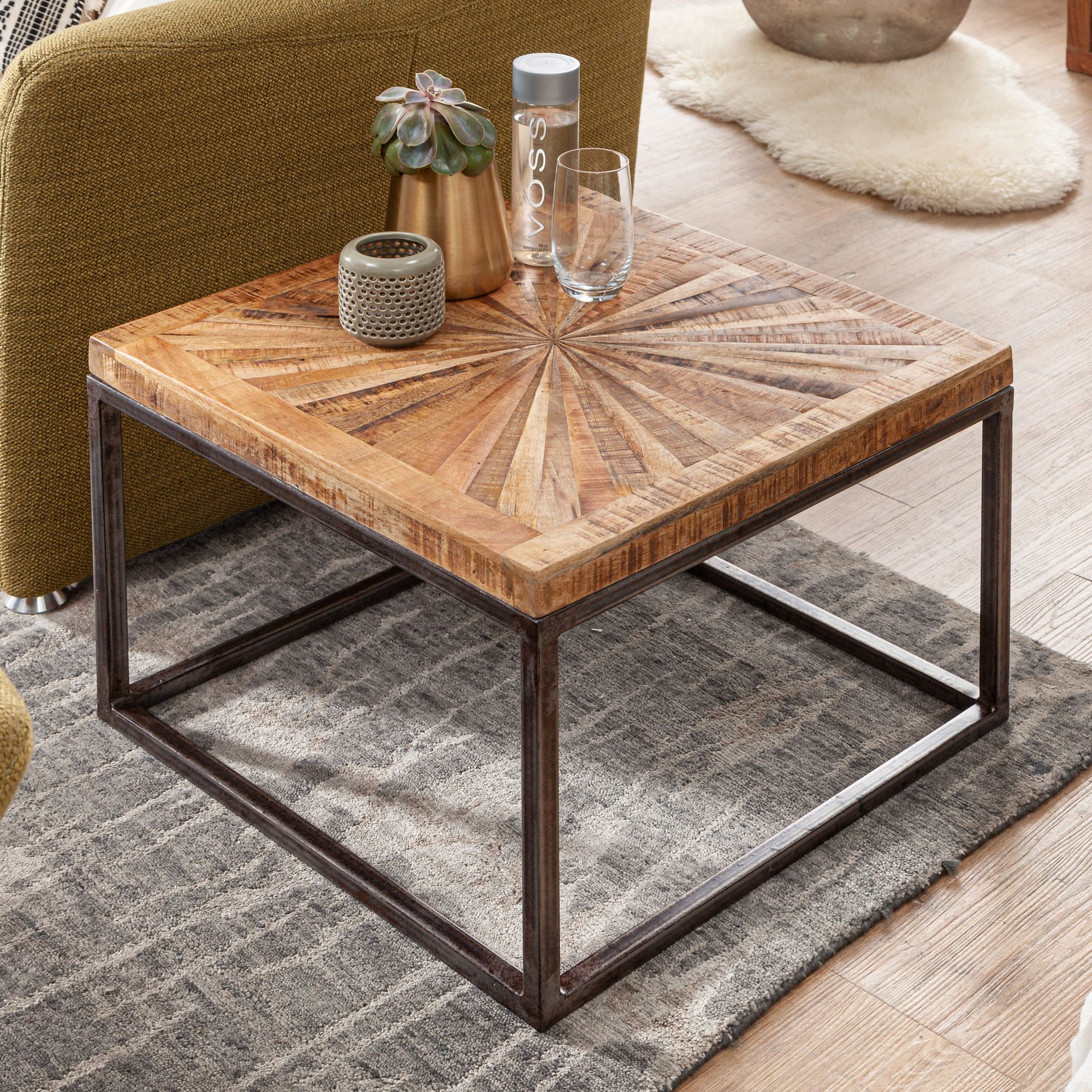 Mango Solid Wood Coffee Table 55x40x55 Cm With Metal Frame, Room Table In , Modern Solid Sofa Table