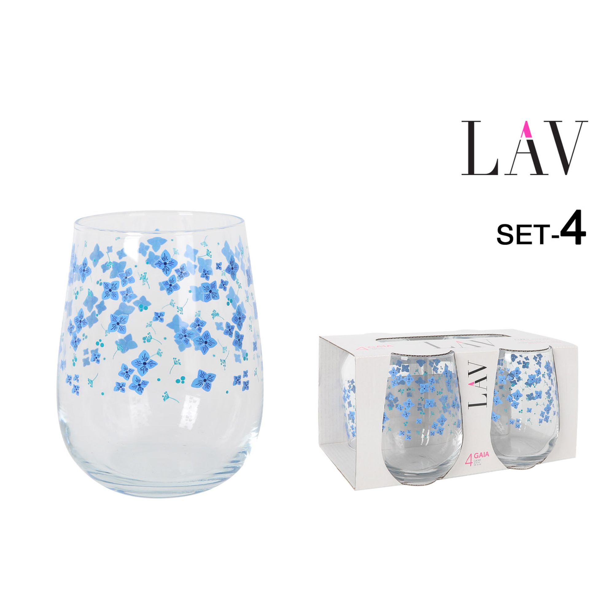 TEMU LAV | Set de 4 vasos de 475cc para agua o refrescos, vasos decorativos con multiples diseños florales en azules, estilo moderno ideal para uso