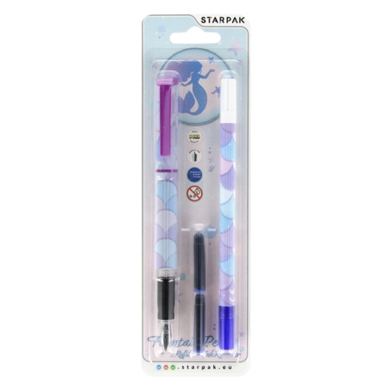 Image of Fountain Pen With Ink Cartridges And Eraser, Mermaid Scales