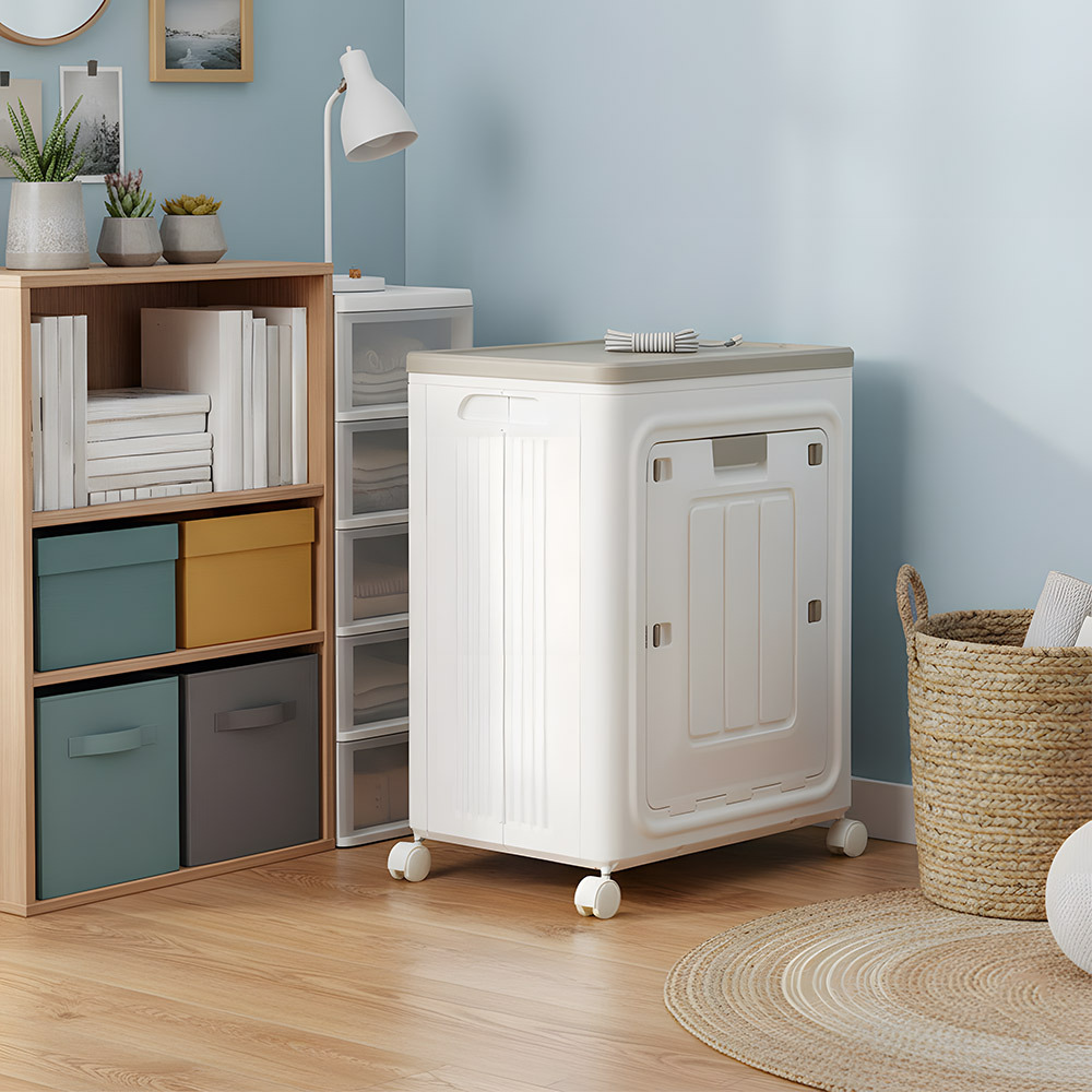 Collapsible Plastic Storage Bin with Dual Access Doors and Wheels