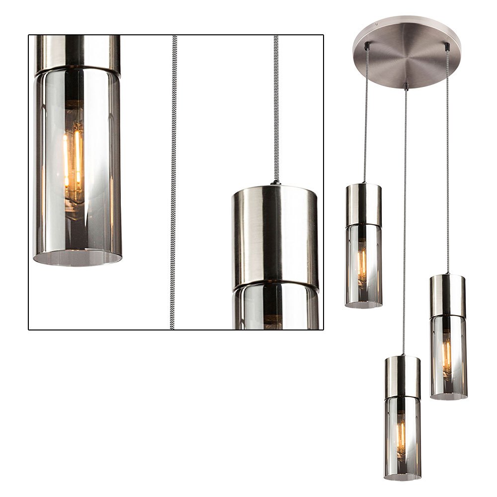 Image of Smoked Glass 3-arm Pendant Light, Nickel-colored Dining Room Light, Glass And Metal, 3x E27 Sockets, Dxh 3x150 Cm