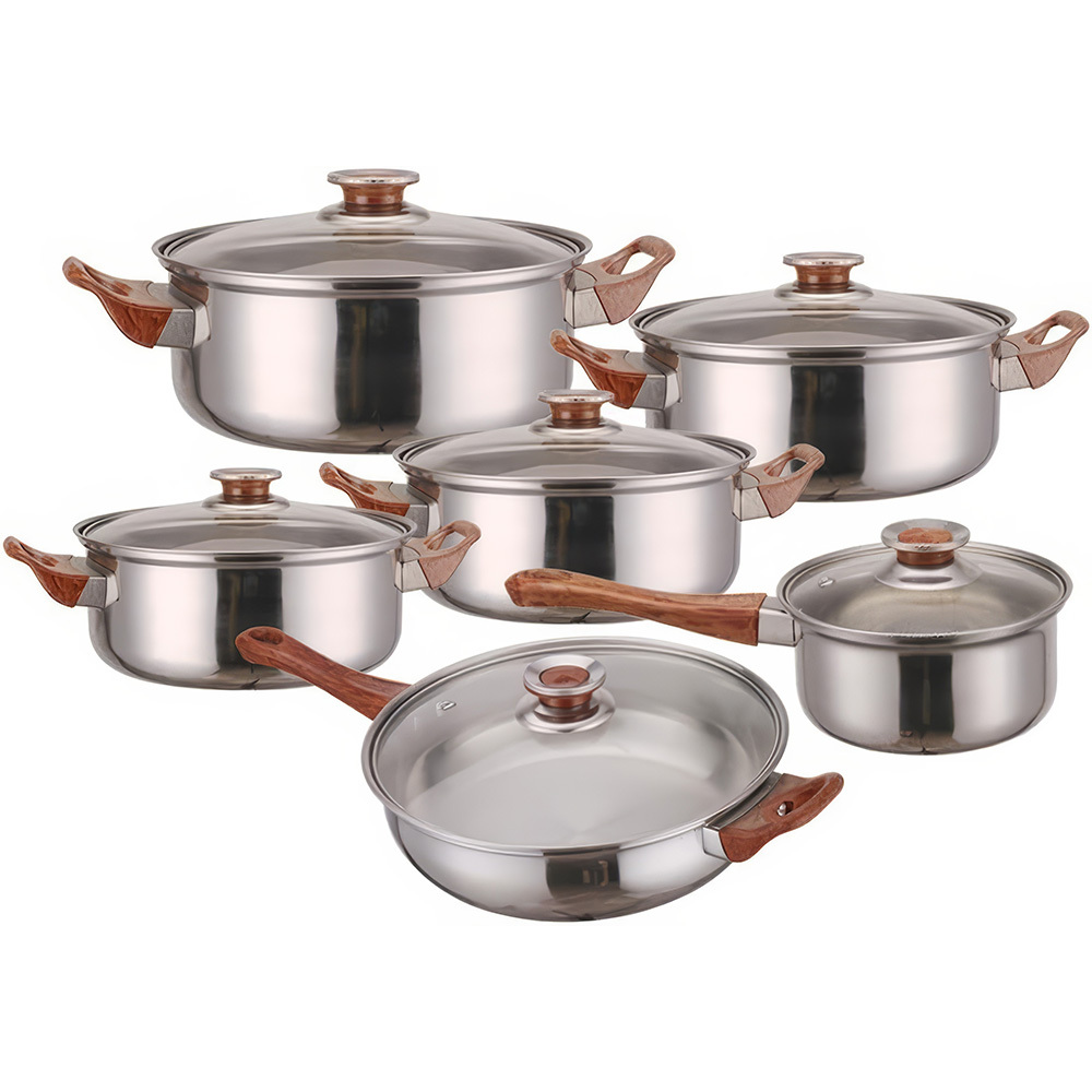 TEMU Stainless Steel Cookware Set With Detachable Wood-grain Handles, Including Frying Pan, Sauce Pan, Stock Pots, And Kettle – Kitchen Cooking