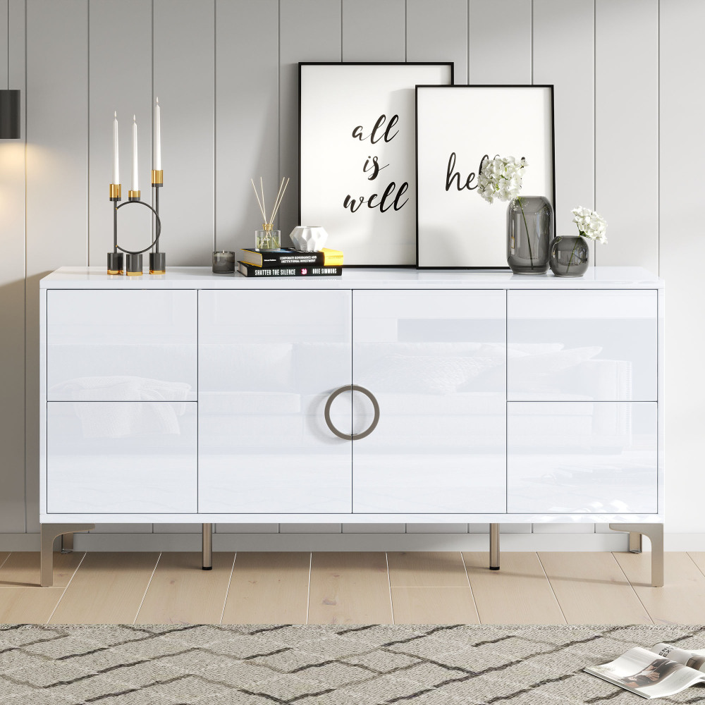 Image of Sideboard 150x38x59.5 Cm Made Of High-quality Mdf | 4 Large Drawers & 2 Doors | Versatile For Living Room, Dining Room & Entryway