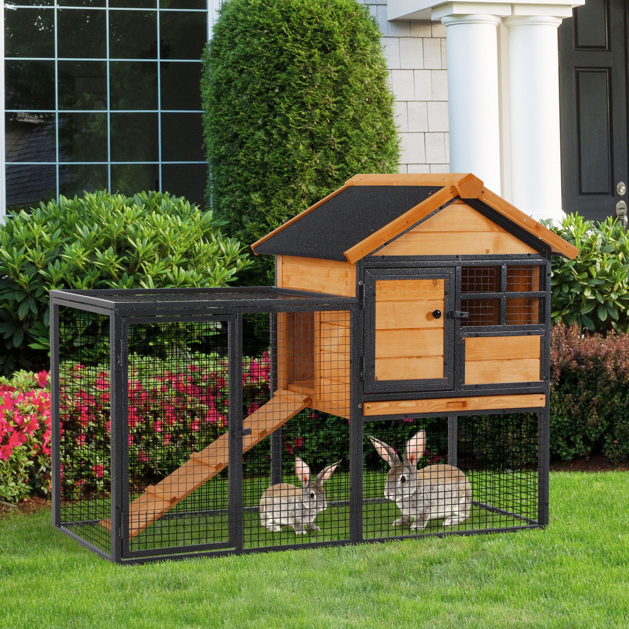 Image of 2-tier Rabbit Hutch With , 122x63x92 Cm, Rabbit Cage With Bitumen Roof, Run Area, Ramp, Lockable Door, Metal Grille, Outdoor Rabbit Cage In Light Yellow