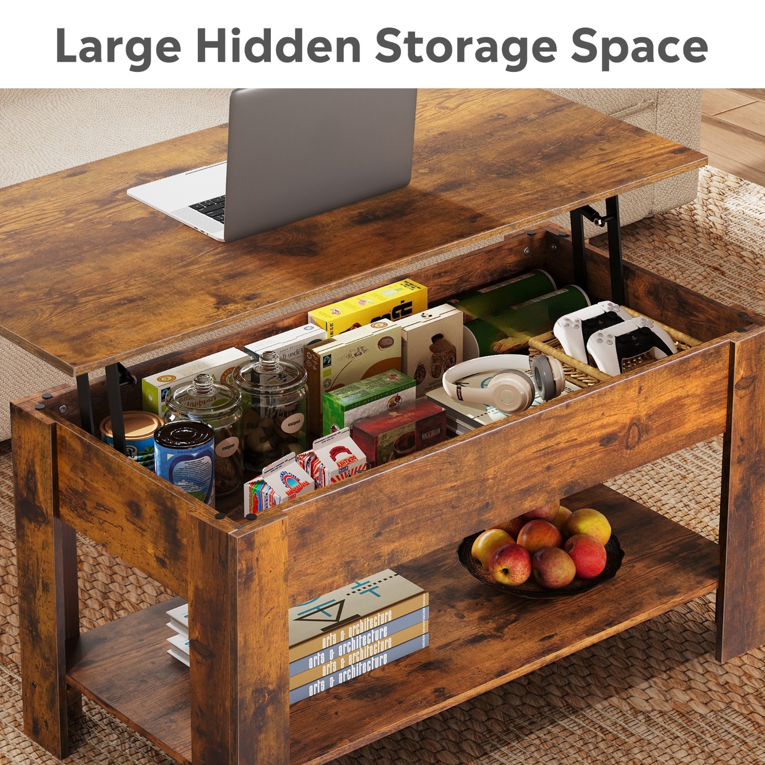 98cm Lift Up Coffee Table with Storage & Hidden Compartment