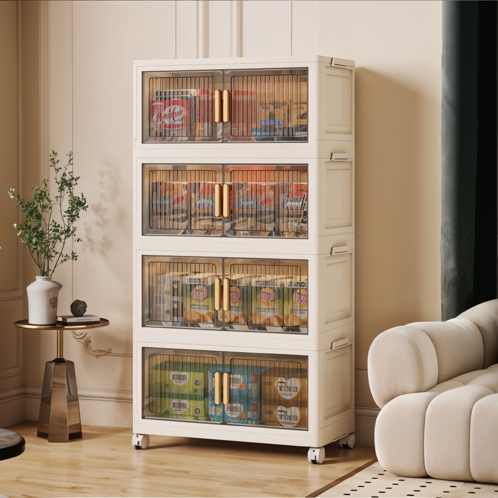 TEMU 1pc 4 Tier Foldable Rolling Storage Cabinet With Clear Magnetic Suction Door, Large Capacity Plastic Closet Storage Bin Stackable Storage Drawer