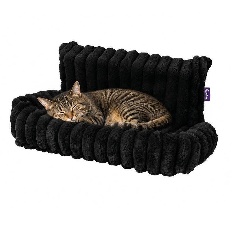 TEMU Petlicity Snuggle Padded Cat Radiator Bed 56x35x25cm - Striped Faux Fur - Black