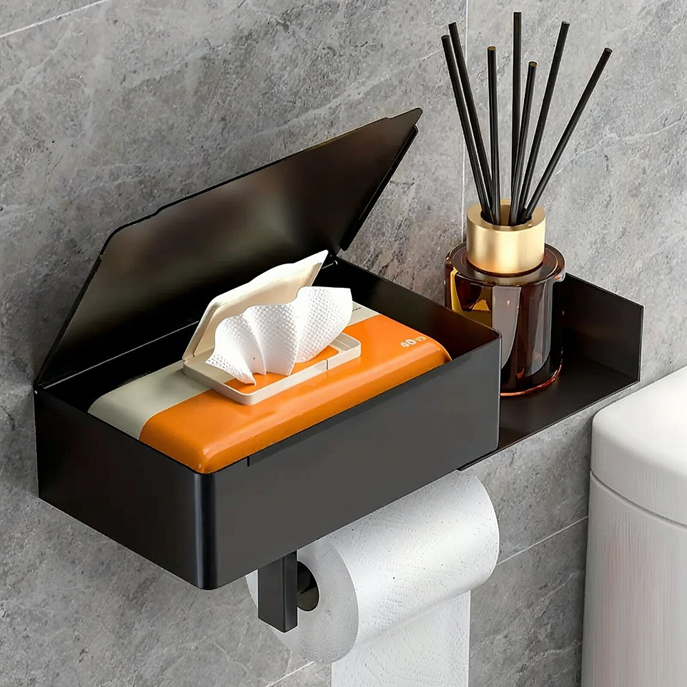 TEMU Black Stainless Steel Tissue Box For Bathroom, No Drilling Installation, Toilet Paper Holder+roll Paper Holder, Multifunctional Storage Rack,