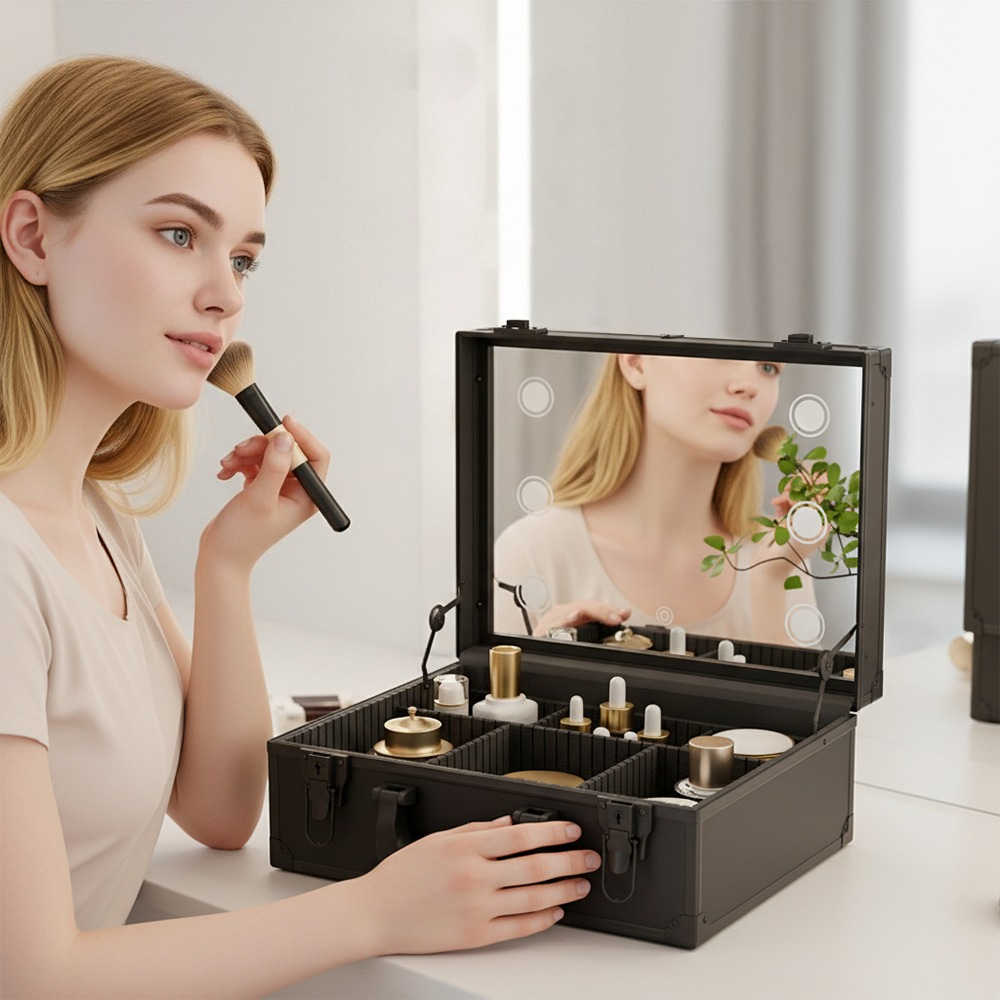 Portable Makeup Case with Mirror, Large Capacity Travel Cosmetic Organizer