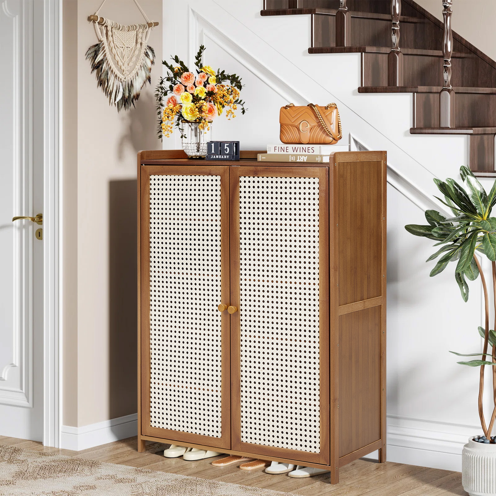 TEMU Freestanding 5 Tiers Bamboo Shoe Cabinet With Doors Rustic Bamboo Shoe Storage Cabinet Brown Shoes Rack Organizer For Hallway Bedroom Entryway