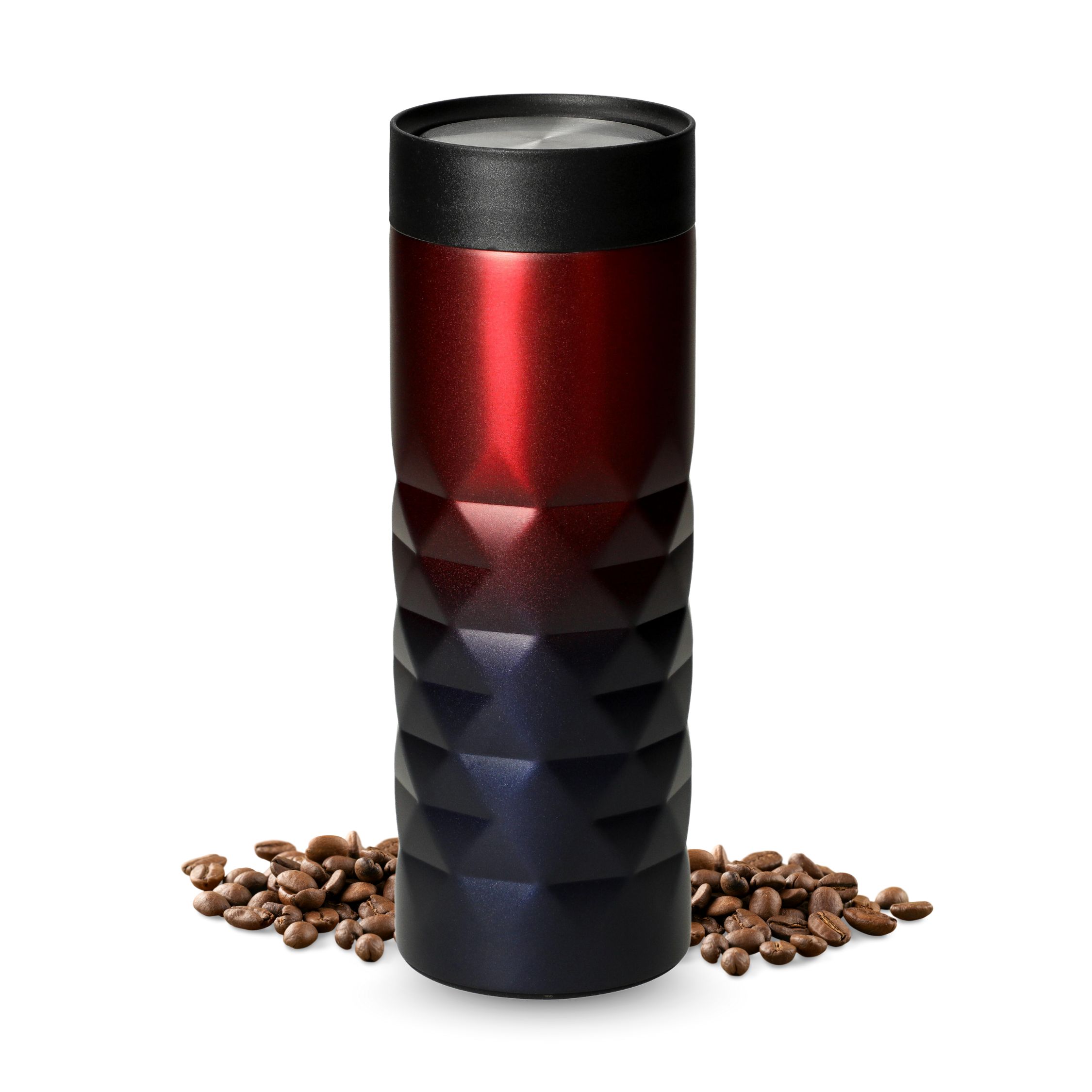 Image of Insulated Mug 450 Ml - Double-walled Stainless Steel With Push Lid And Diamond Embossing, Non-slip Base - Hot Or Cold For Long - Travel Mug For - Ideal For Everyday, Office