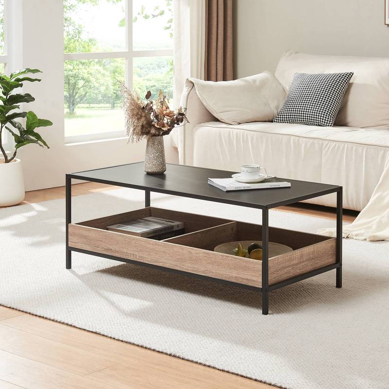 Coffee Table 100 X 48 X 39 Cm Living Room Table With 2 Storage Compartments, Metal Frame, Black/oak Finish