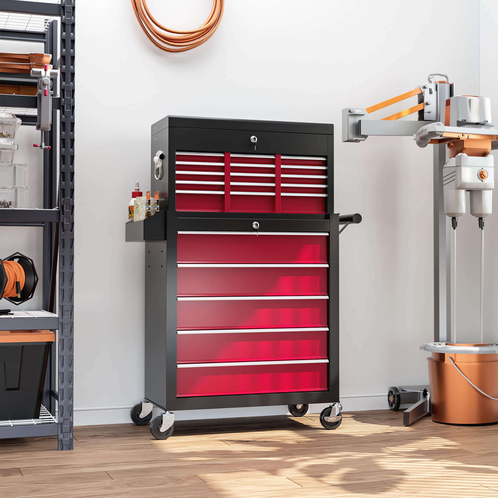 Image of Workshop Cart With Wheels, 14-drawer Tool Cart, Lockable Assembly Cart With Side Perforated Panel, , Mobile Rolling Cart, Red