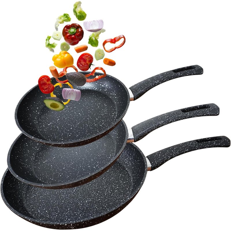 Image of 3-piece Frying Pan Set – Induction Compatible – Coating, Camping Kitchen Granite Look – Frying Pan Set 20/24/28 Cm – Dishwasher Safe & Scratch Resistant