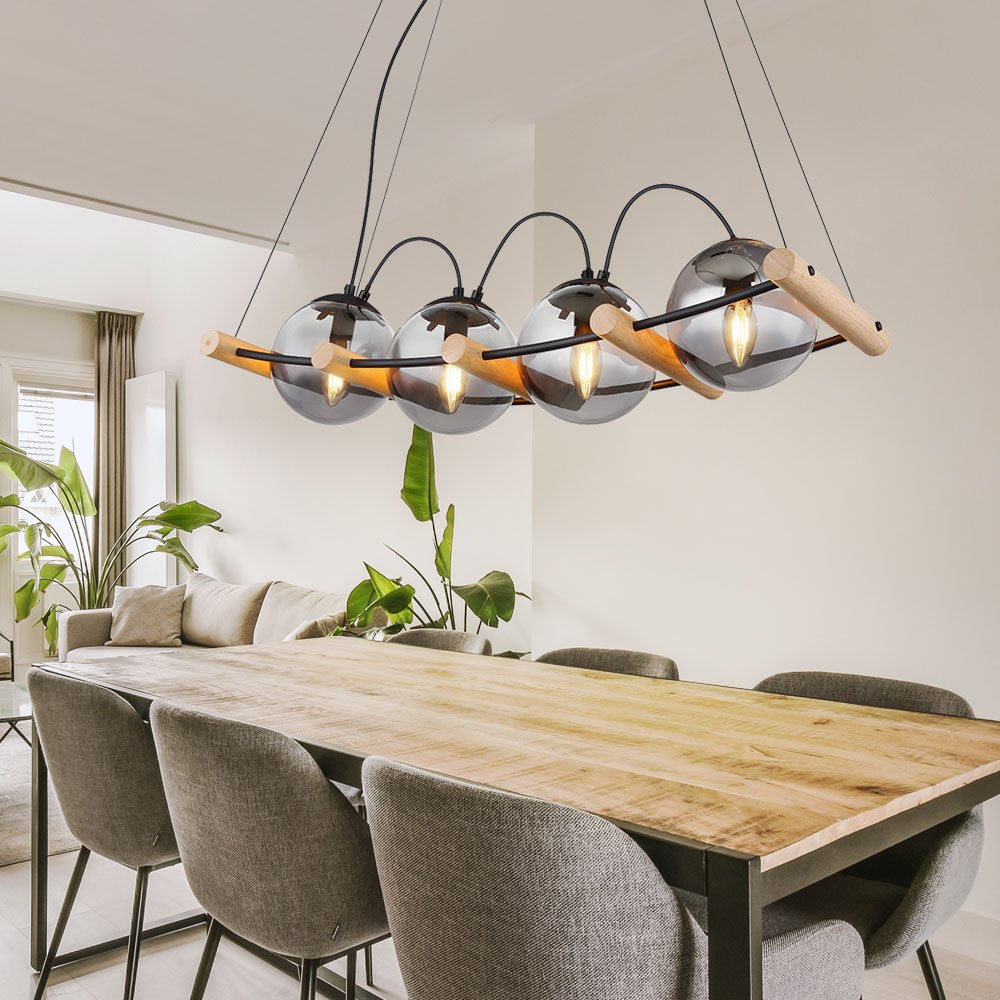Image of Pendant Lamp Hanging Light Dining Table Lamp, 4-arm Height Adjustable, Smoked Glass Metal Black , E27 Sockets, Lxwxh 7x22x120cm