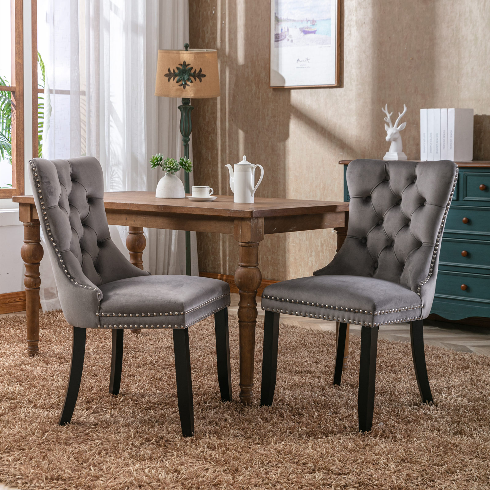 Colección Nikki, Silla de Comedor Acolchada de Tela de Terciopelo de Madera de con Patas de Madera y Detalles de,…: retailer-supplied image