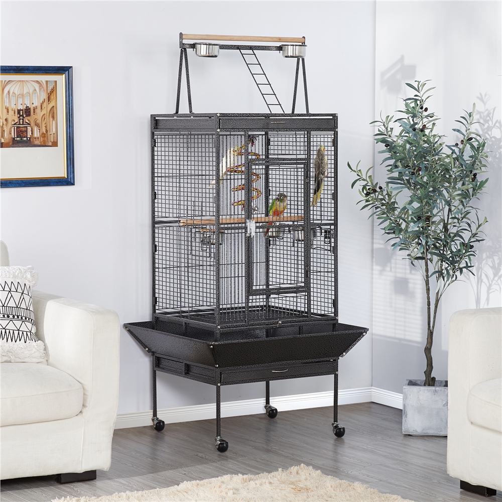 E-shop Costoffs Käfig aus Rollständer Vogelkäfig Papageienvoliere Wellensittichkäfig Vogelhaus mit Dachöffnung 81,5 cm L × 77 cm B × 174 cm H