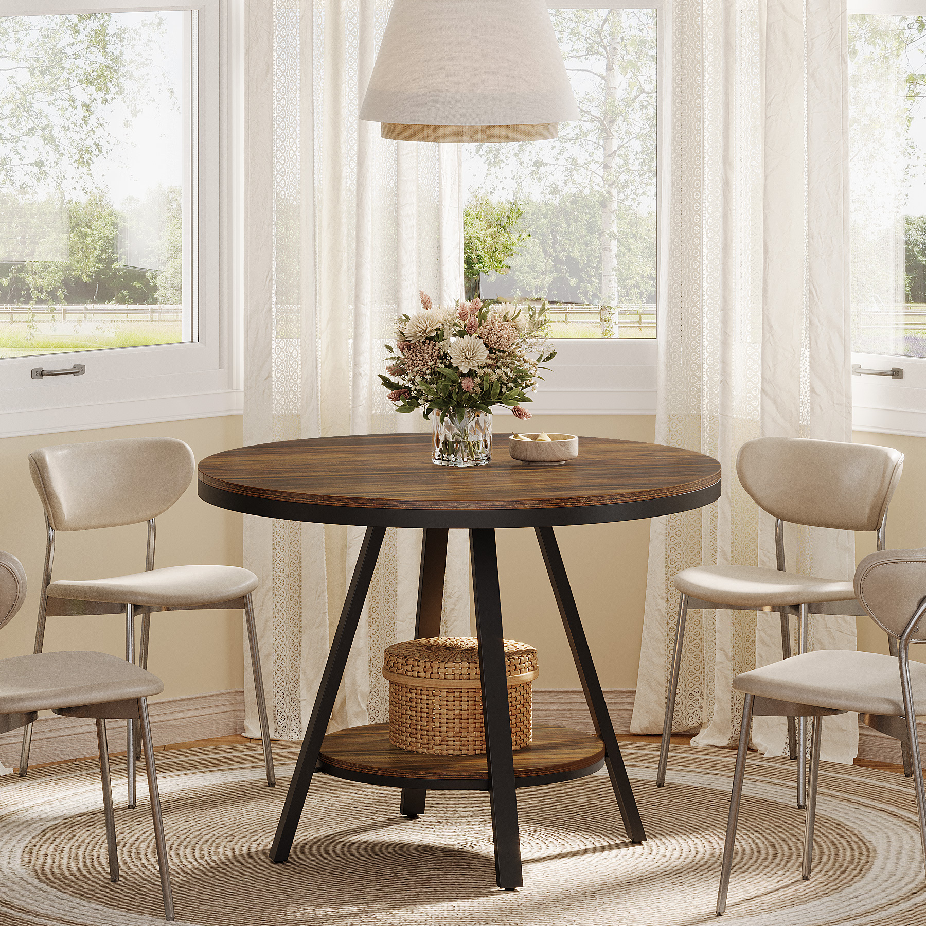 90cm Small Round Dining -, 2 Tier Industrial Kitchen Table With Stable Metal Base In Rustic Brown.