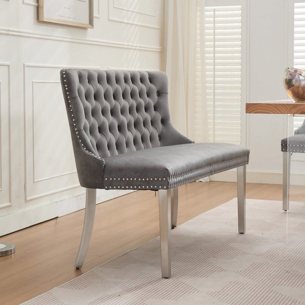 Image of Modern Dining Bench In Mid-century Style (116x58x89.5 Cm) - Golden-plated Stainless Steel Legs, Handcrafted Tufting Backrest, Comfortable Velvet Seat - For , , Elegant Dining Room