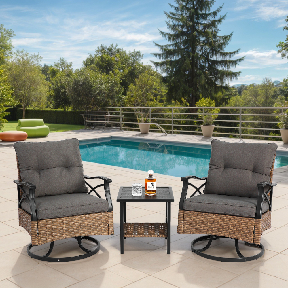 Image of Outdoor Rotating Swivel Chairs Set Of 3 With And 2 Swivel Chairs, Supports 350lbs, Brown Wicker Outdoor Furniture Patio Conversation Set