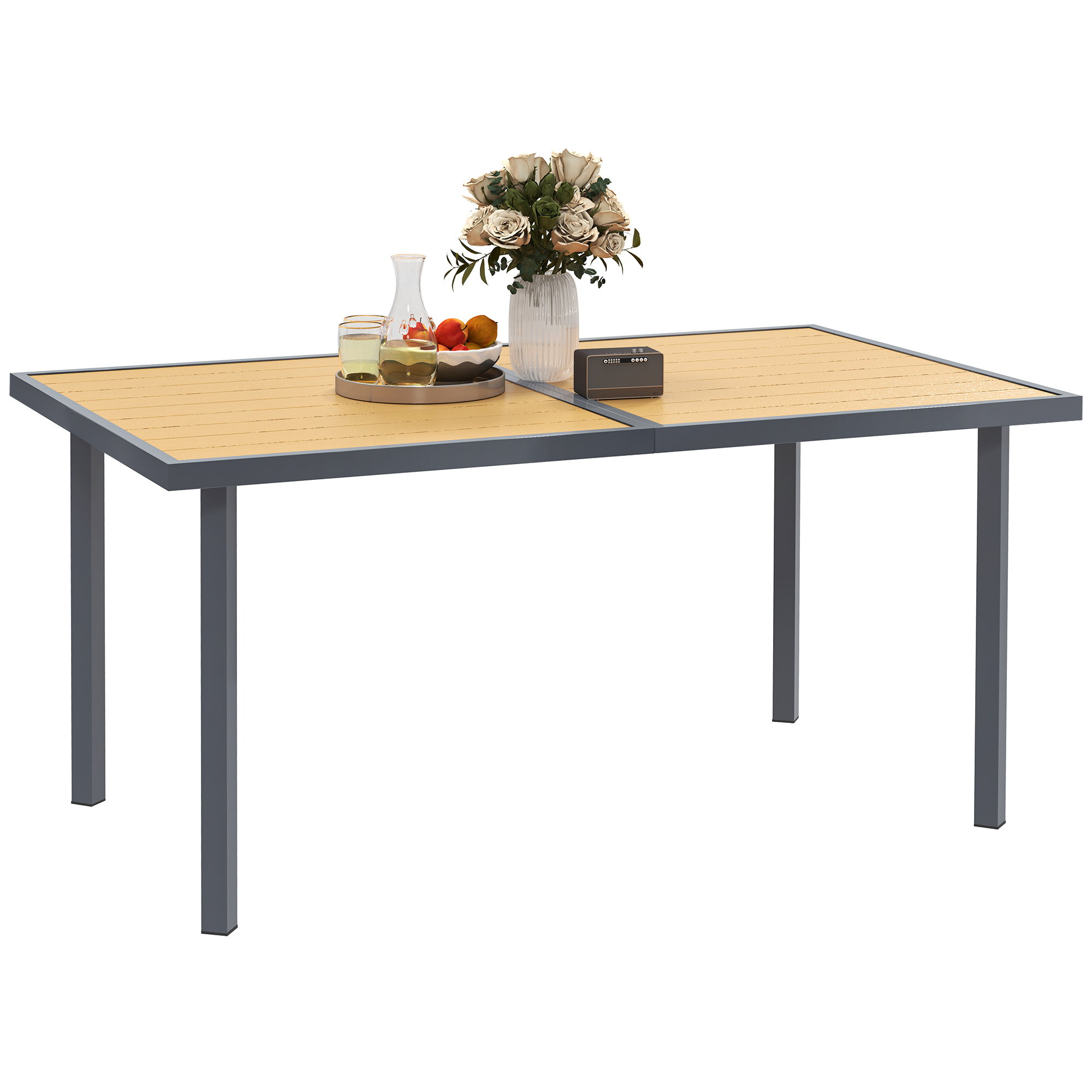 Outsunny Garden Dining Table For 6 People, Rectangular Rust-resistant Steel Top With Natural Wood Effect, 150 X 90 X 72 Cm, Patio And Terrace