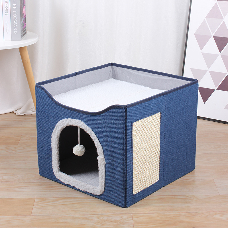 Foldable Cat Cave Bed with Scratch Pad for Indoor Cats