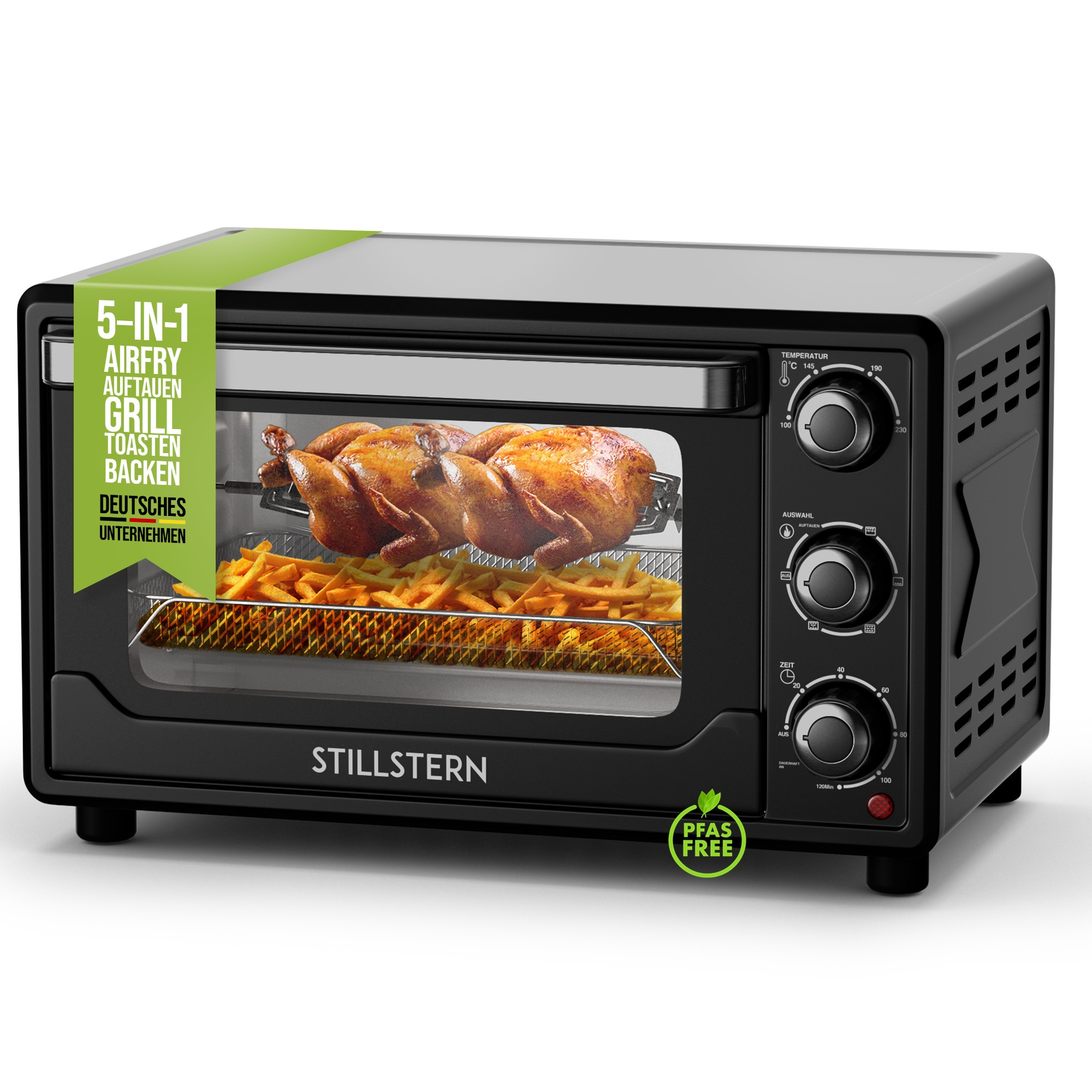 Image of Silent Mini Convection Oven 25l (de Version) Pizza Ø25, Cyclone Pro+ Coating, Defrost, 2h Timer, Camping Mini Convection Oven Pizza Oven Mini Oven Small Chicken Grill With Rotisserie