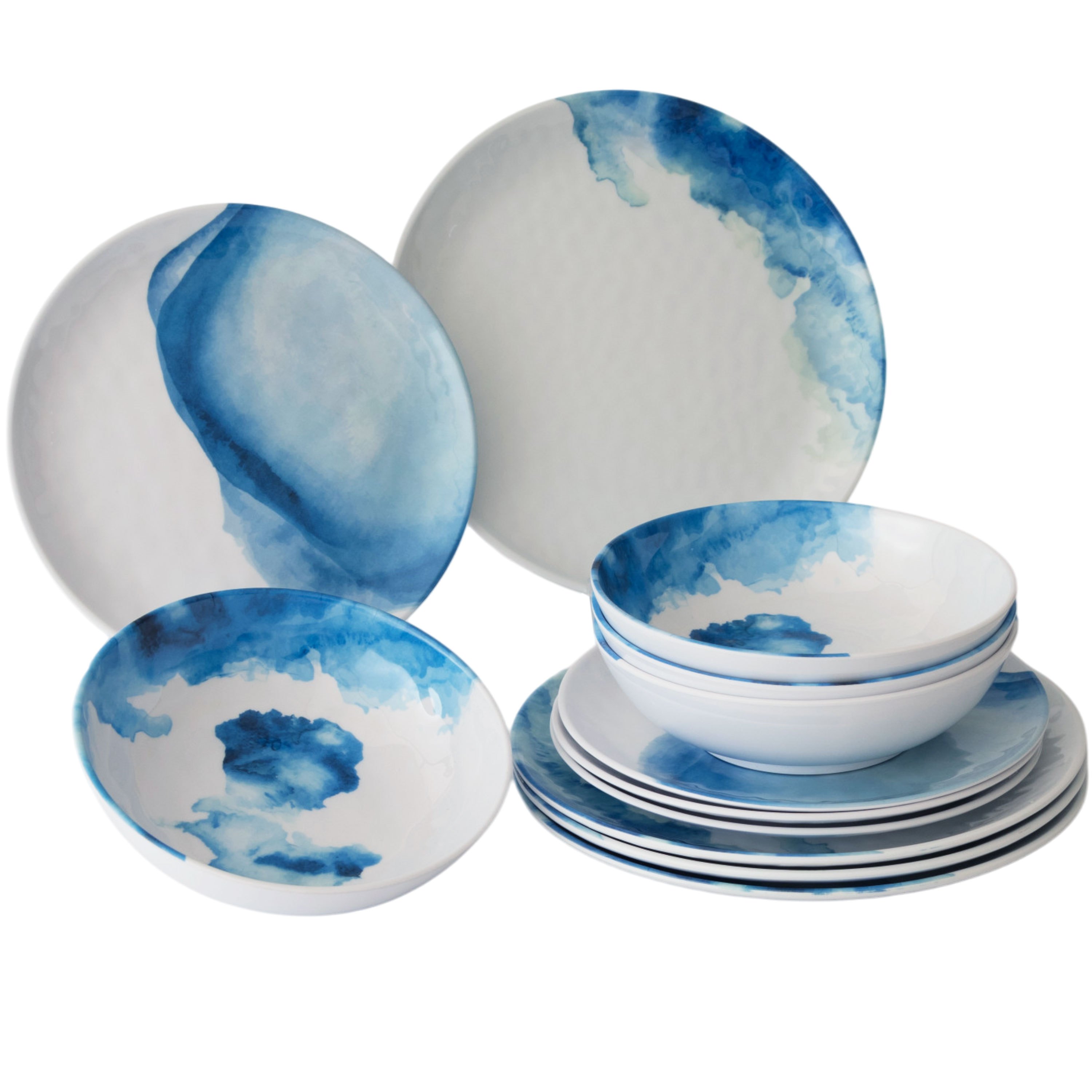 Melamine Dinner Set For - 12pcs Elegant Stoneware Optic In White-blue Dinnerware Camping Dishware Picnic Camping Outdoor
