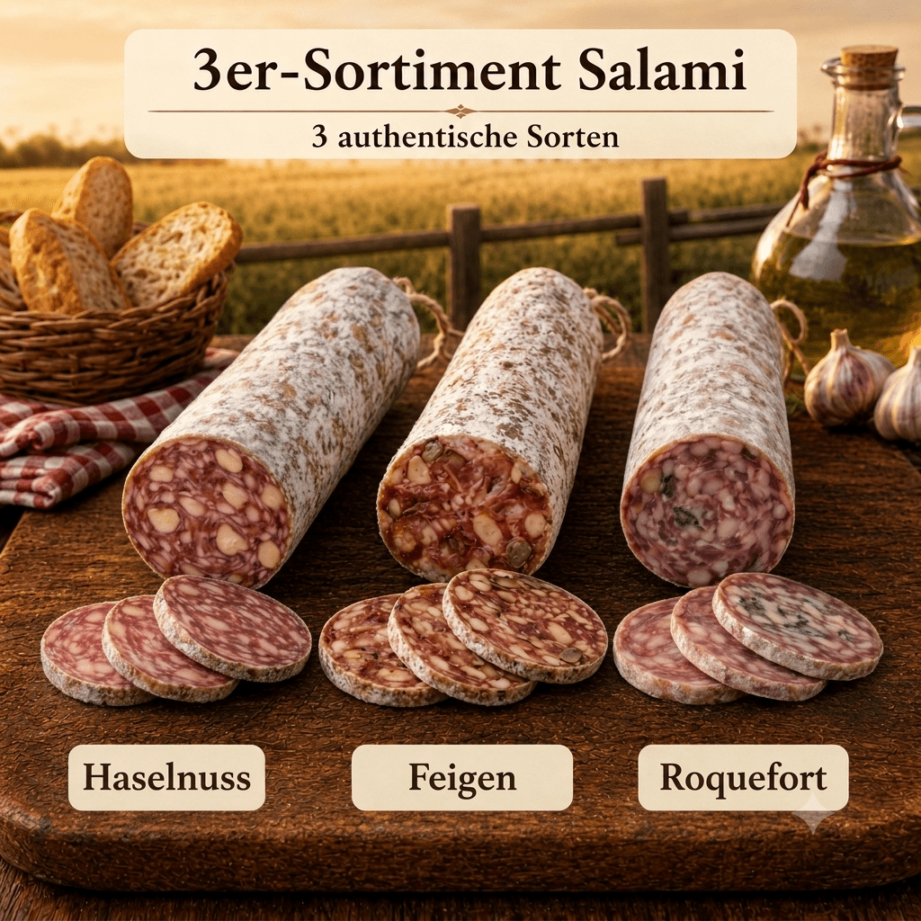 Image of 3-piece Salami Assortment - Hazelnut, Fig, And Roquefort Flavors ◈ 100% French Salami ◈ Natural Casings And Hand-tied ◈ Artisanal Craftsmanship By Chillet House Since 1902