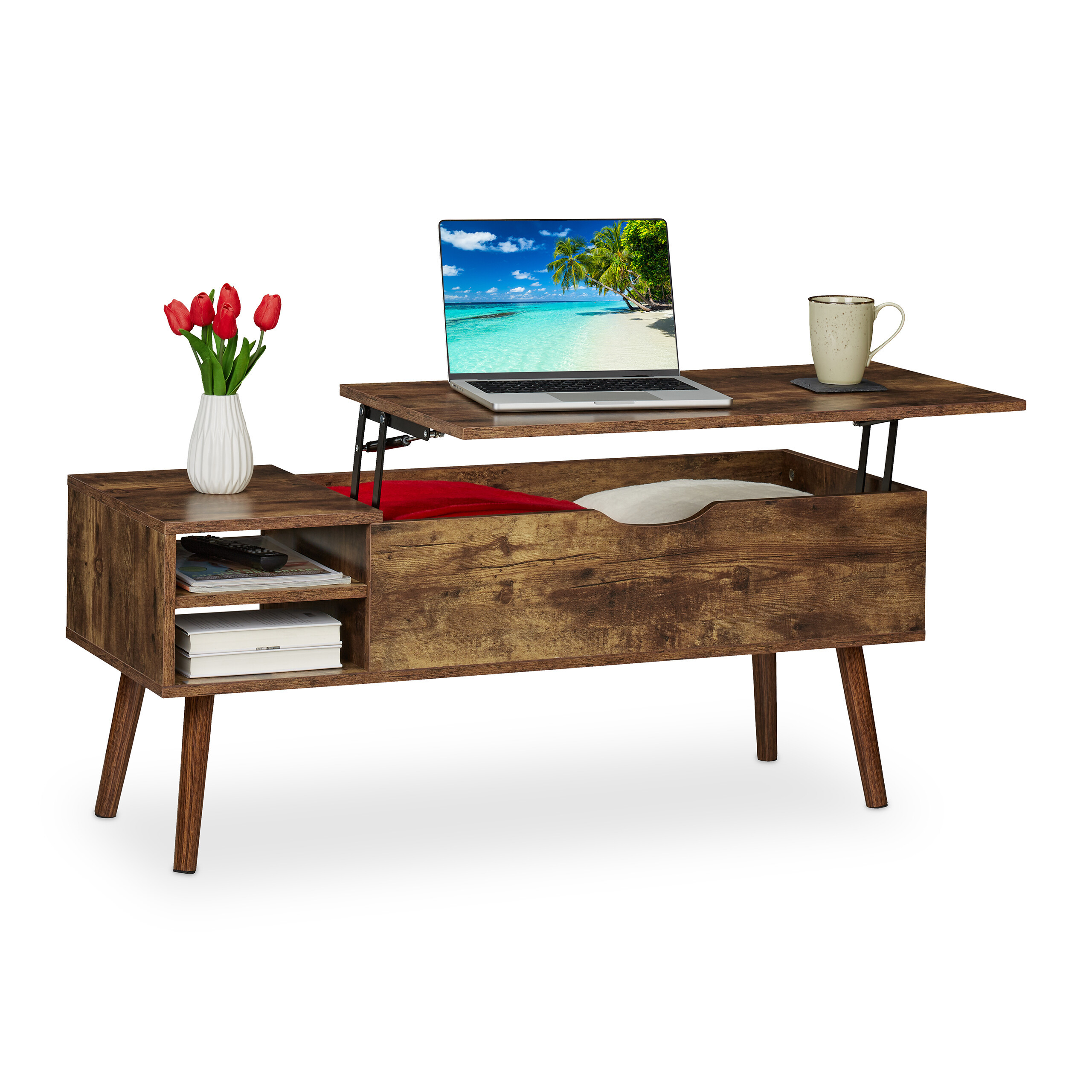 TEMU Table basse relevable, 2 compartiments latéraux, plateau rabattable réglable en hauteur, 45 x 108 x 40 cm, ouverte 59 x 108 cm, panneaux de et