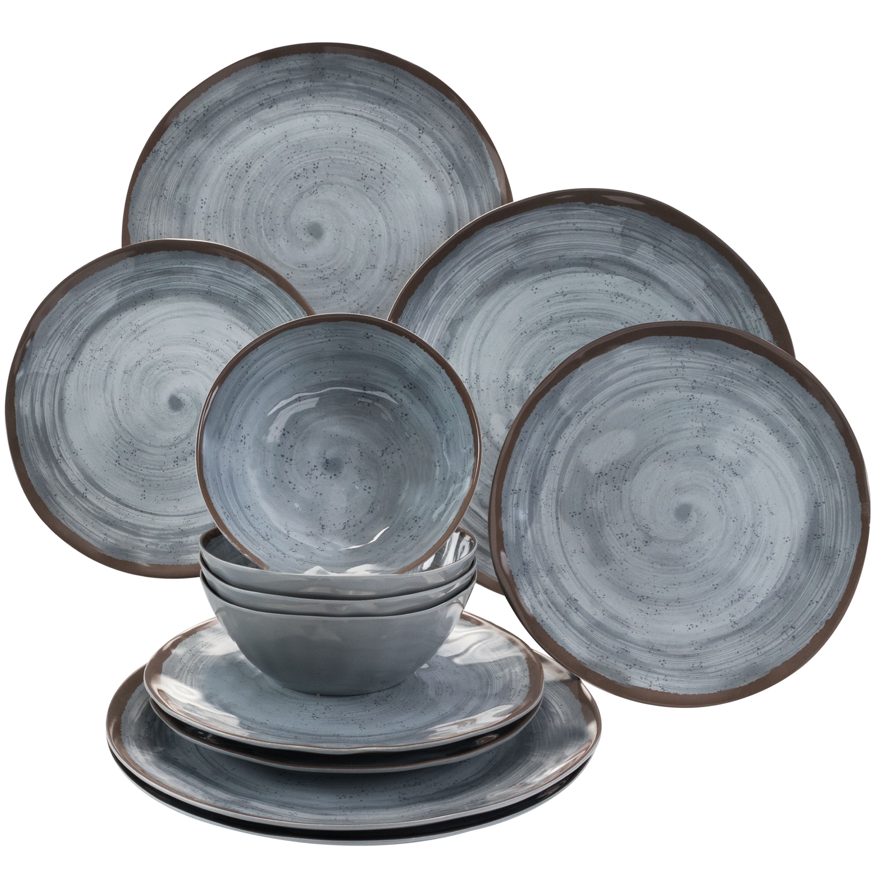 Melamine Camping Dishes 12pcs Set For , Stone-like Optic, Halo Design, Grey, Dishwasher Safe, Break-resistant.