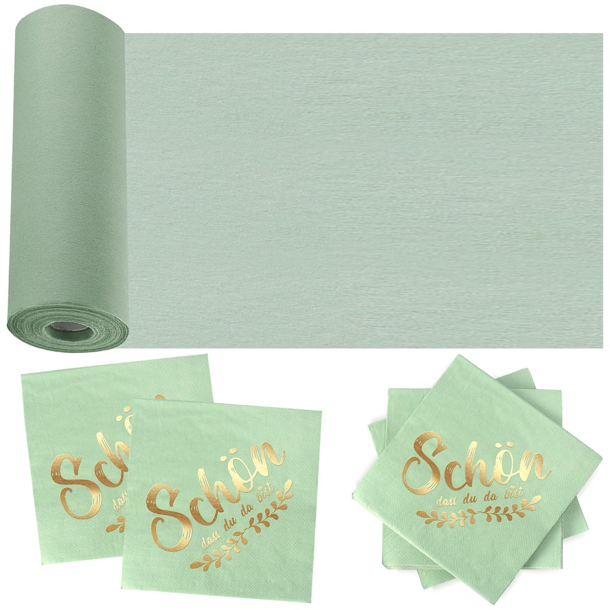 E-shop Tischdecken-Dekorationsset Eukalyptusgrün – 40 Servietten + einfarbige grüne Tischdecke 30 cm x 25 m – Dekorative Tischdecken und Servietten für