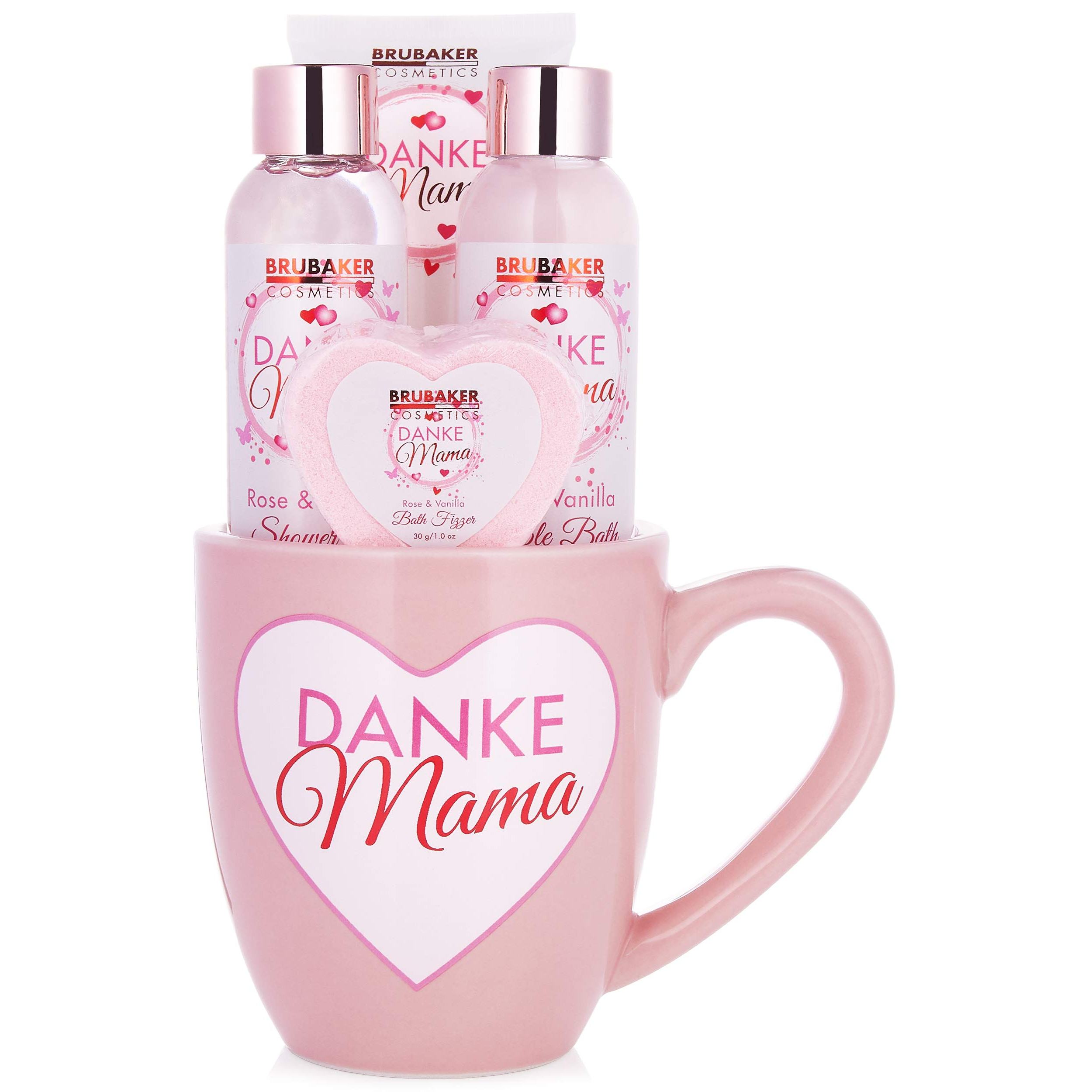 TEMU BRUBAKER Cosmetics - - 5-teiliges Bade- und Dusch Set mit Rosen Vanille Duft - Badeset Mutter Geschenkset in rosa Tasse mit Herz Dekor