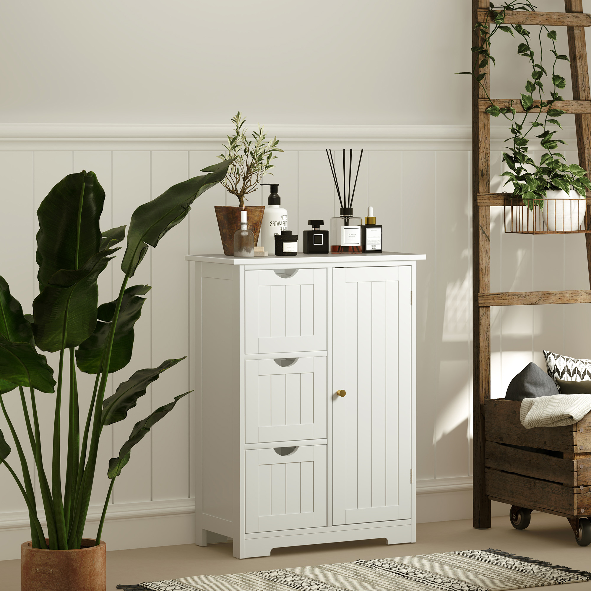 Bathroom Cabinet Side Cabinet With 3 Drawers, Bathroom Cabinet With Adjustable Shelf, For Bathroom, Living Room 60 X 30 X 80 Cm White