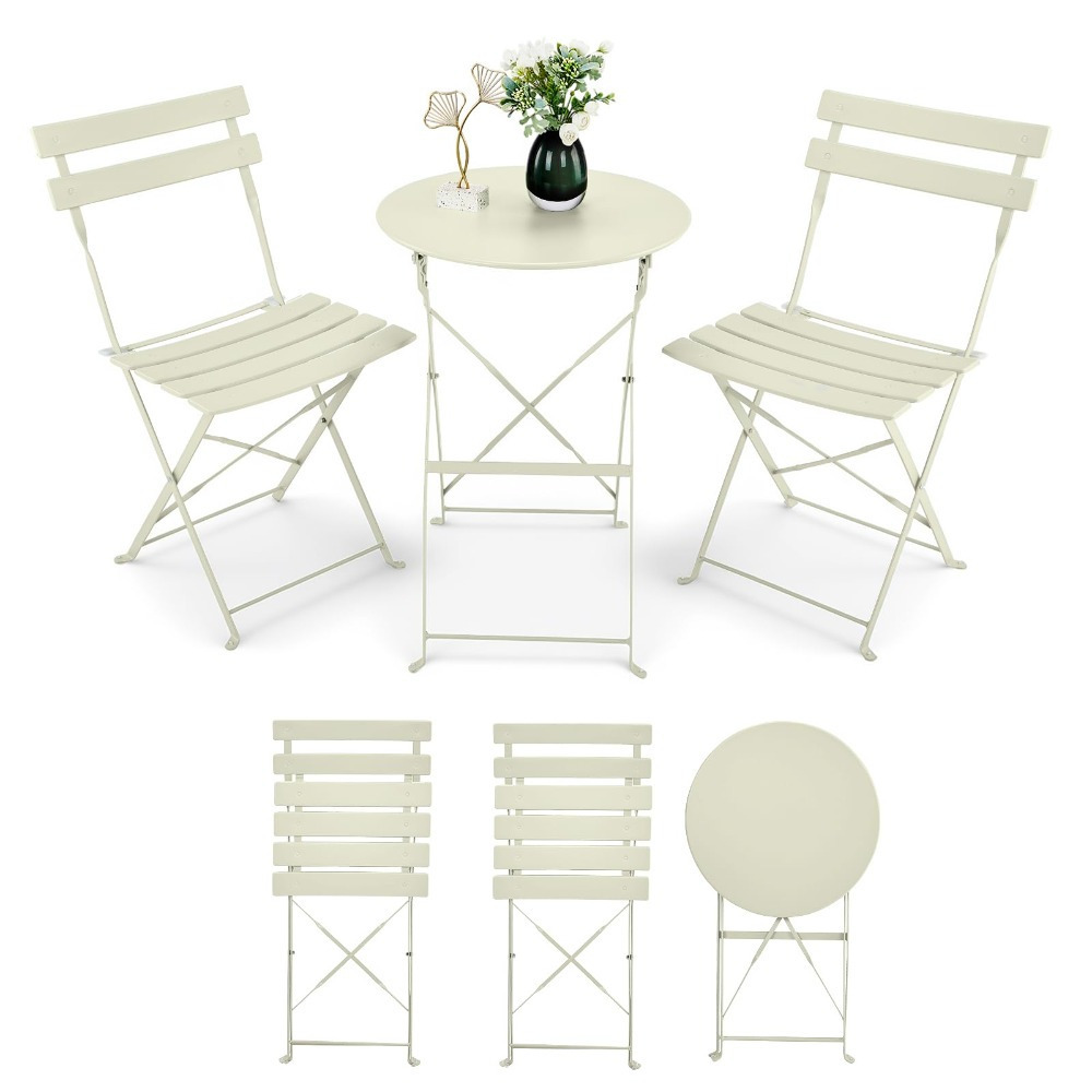 Image of 3pcs Bistro Set Made Of Steel, Bistro Table With 2 Folding Chairs, Space-saving Garden Furniture Set, For Balcony, Terrace, Garden & Living Room, Beige