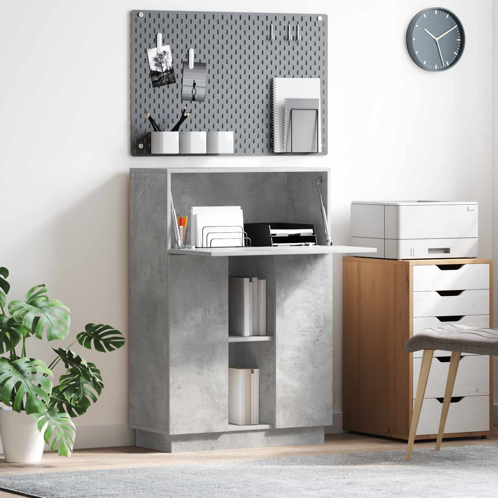 Desk Concrete Grey 71.5 X X 106.5 Cm Wood Composite, Modern Home Desk, Space-, Sturdy , With Storage Space, Functional Workstation