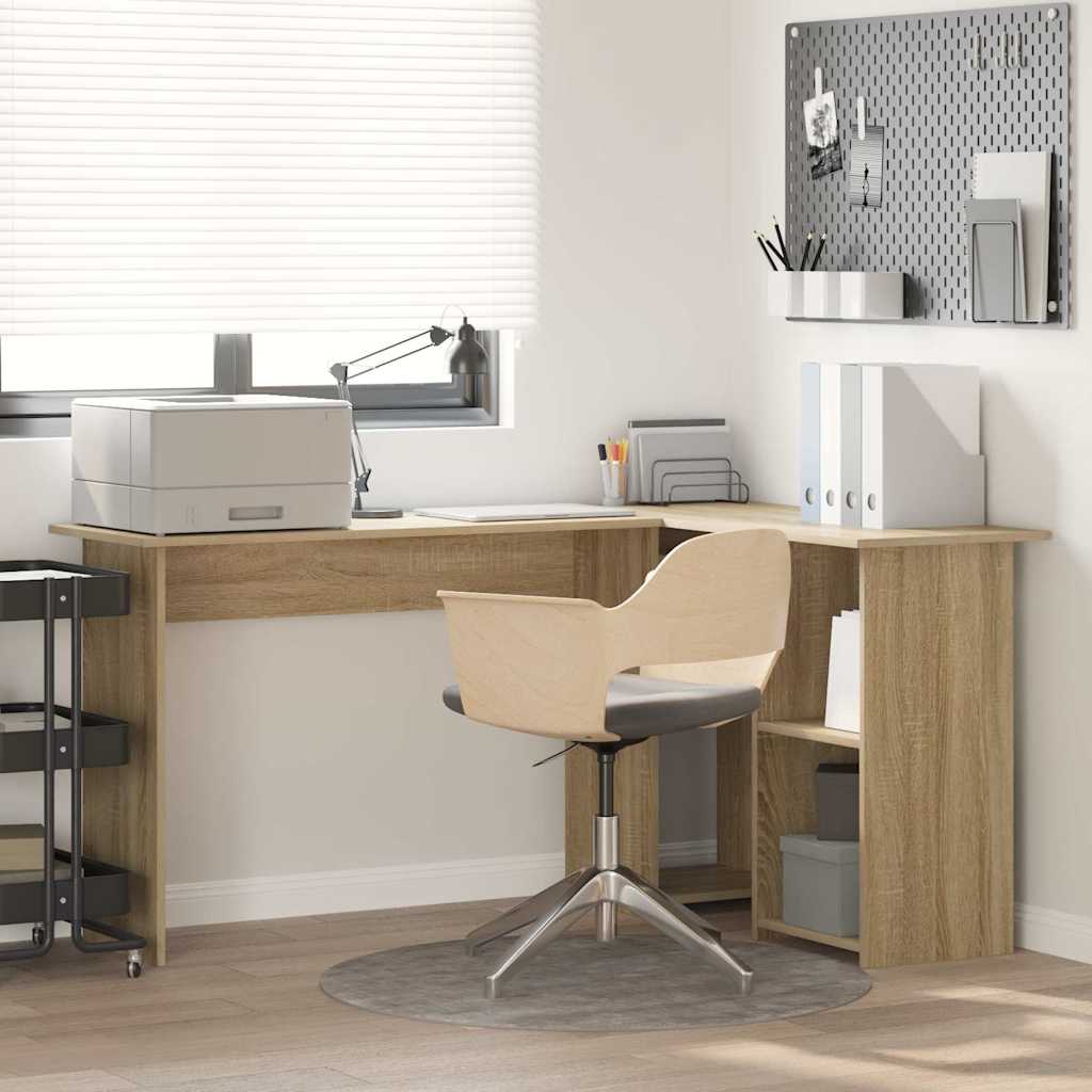 Vidaxl Oak Computer Desk With Storage Shelves, Solid Wood Surface, For Home Offices, Spacious And For Studying And Writing, Contemporary Table Furniture