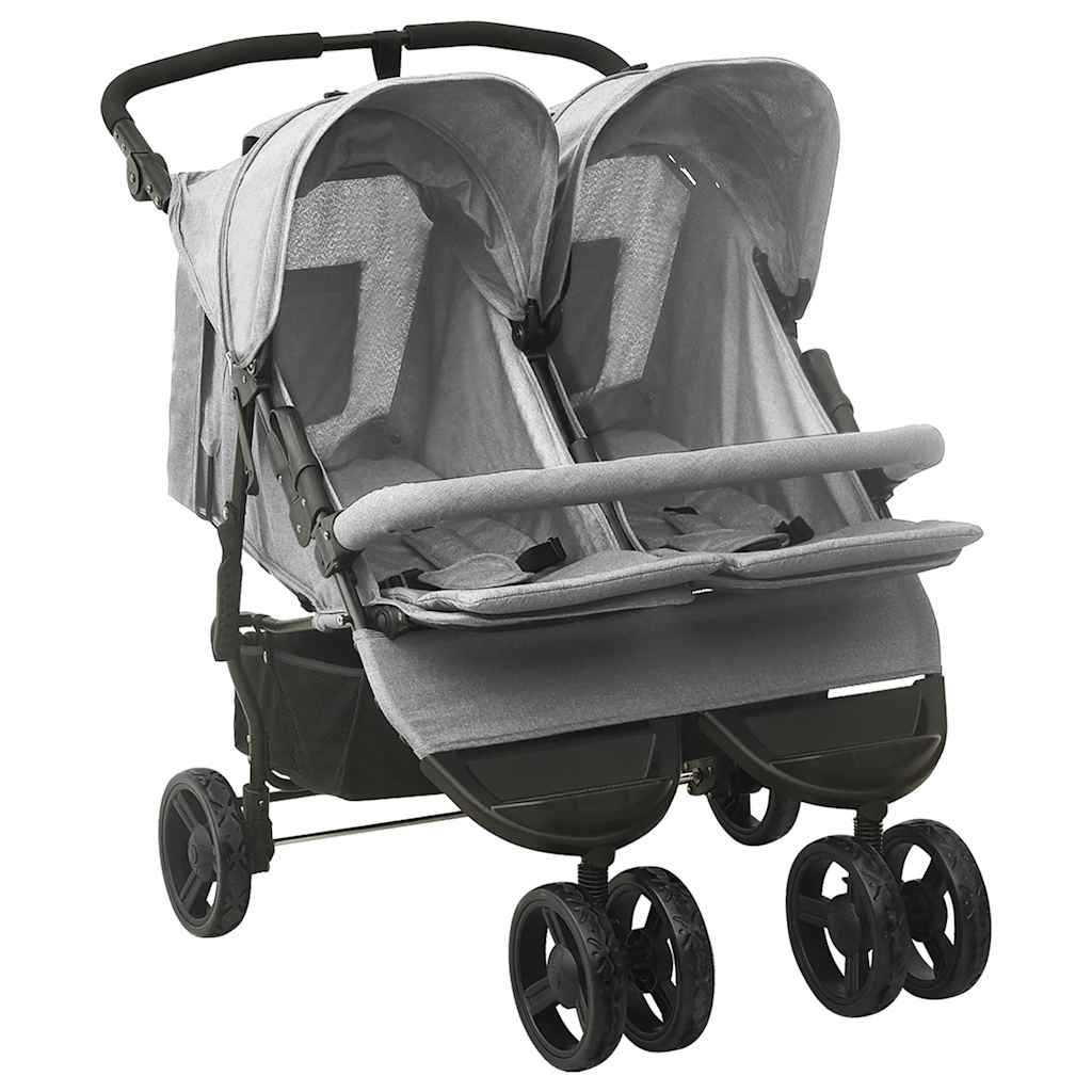Lichtgrijze Stalen Dubbele Kinderwagen - Babywagen
