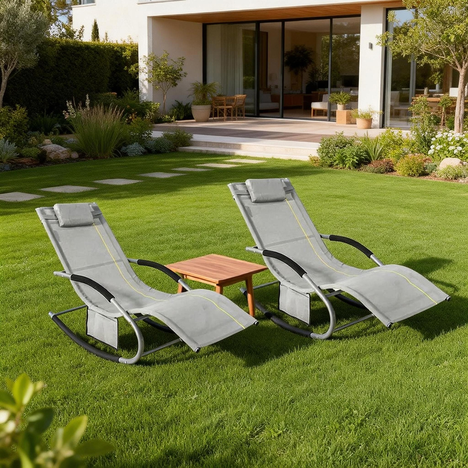 Image of Pack Of 2 Folding Garden Chairs - Ergonomic Sun Lounger With Rocking Relaxation - Comfortable Outdoor Chair For Beach, Terrace, Balcony, Camping, Gray - Pht39-ihy3