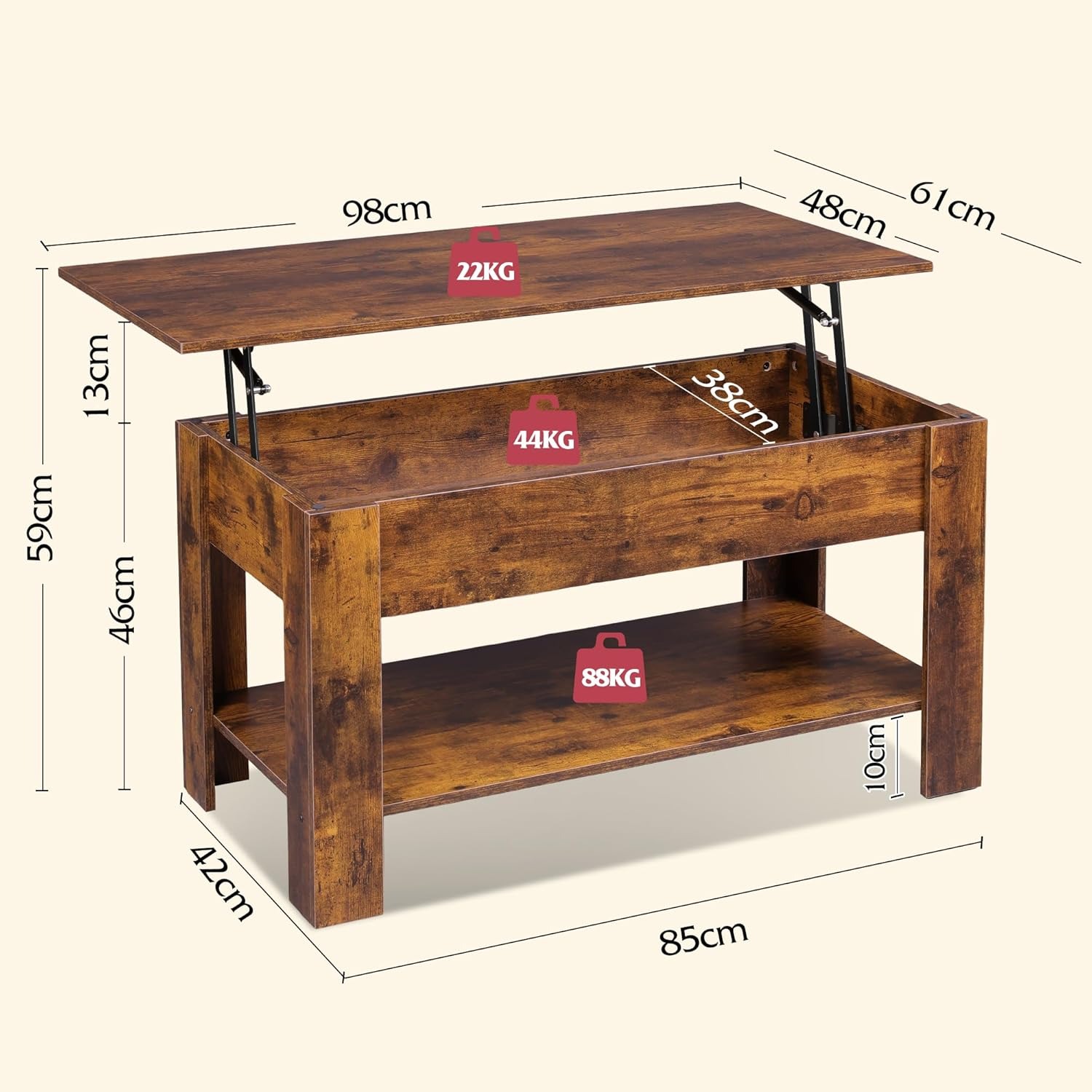 98cm Lift Up Coffee Table with Storage & Hidden Compartment