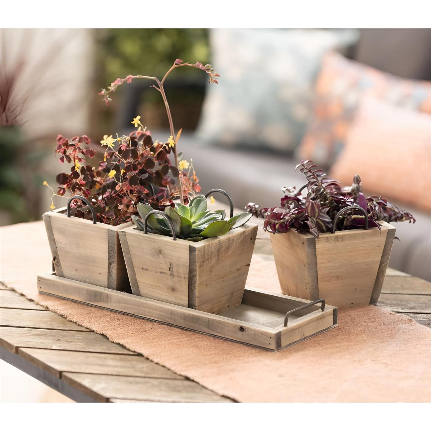 Image of 3 Mini Plant Pots With Tray, Made Of Recycled Wood, Flower Pot For In- & Outdoor, Planter Square, Plant Tub