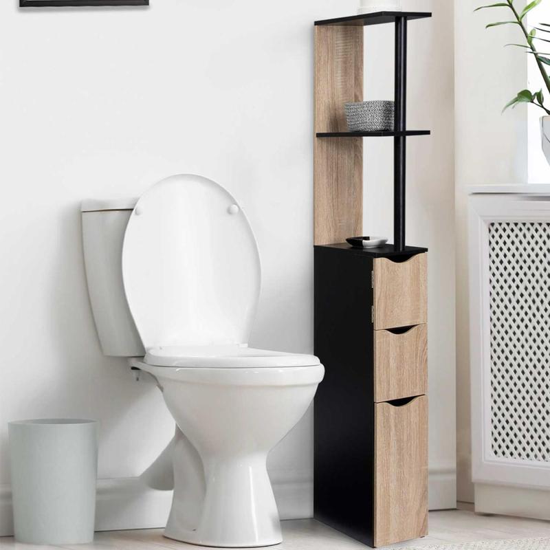 TEMU Meuble WC étagère WILLY bois 3 portes noir et hêtre