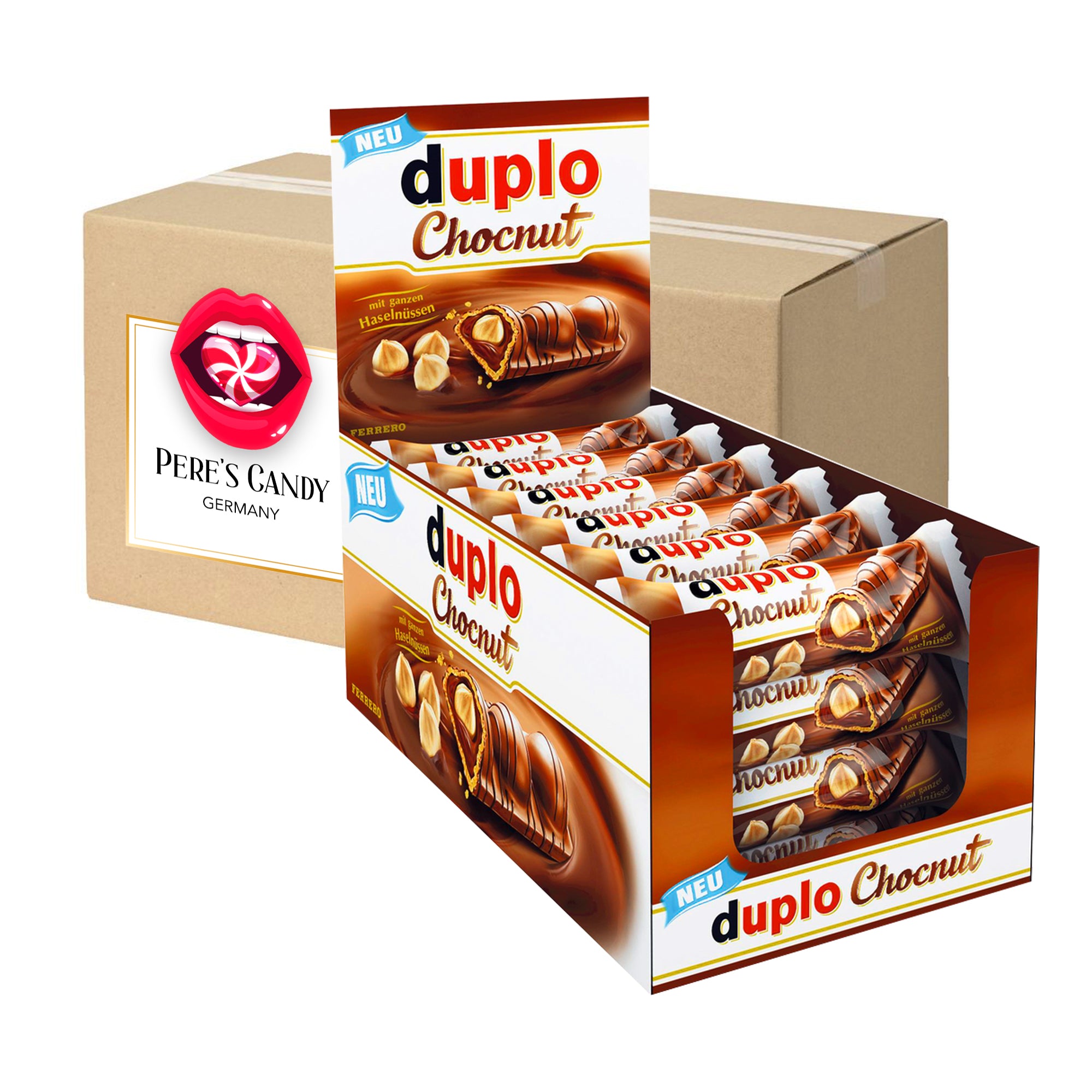 Image of Duplo Chocnut 24x26g Counter Display With 24 Individually Wrapped Wafer Bars Featuring Whole Hazelnuts, Creamy Filling, And Milk Chocolate Coating