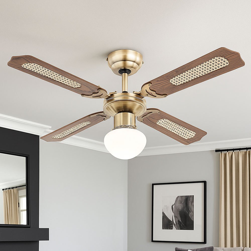 Ceiling Fan With Pull Switch, Fan Light, 3-stage Ceiling Light, Pre-circulation, Oak Wicker Glass, Lamp Not Included, 1x E27, D 106.6 Cm 0309 / 034009