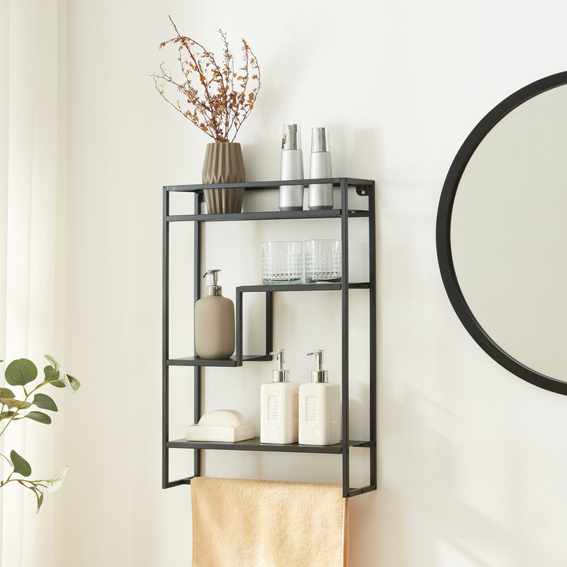 Wall Shelf 'uurainen With Towel Bar, Steel, 60 X 40 X 13 Cm, Black