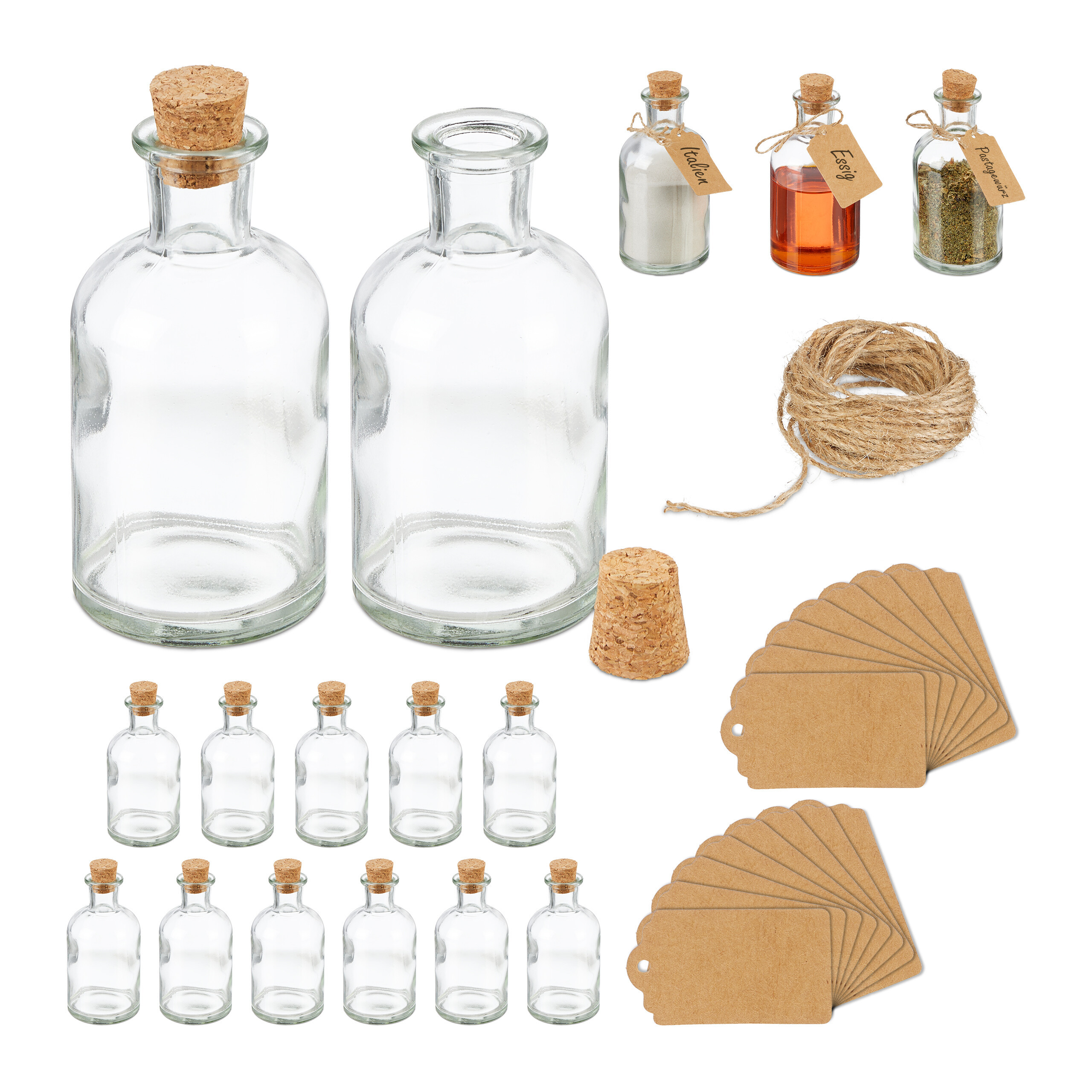 TEMU Mini bottiglie in vetro con tappi di sughero, set da 16, 11.5 x 6 cm, 125 ml, vetro, cartone e sughero, trasparenti e naturali, con etichette e