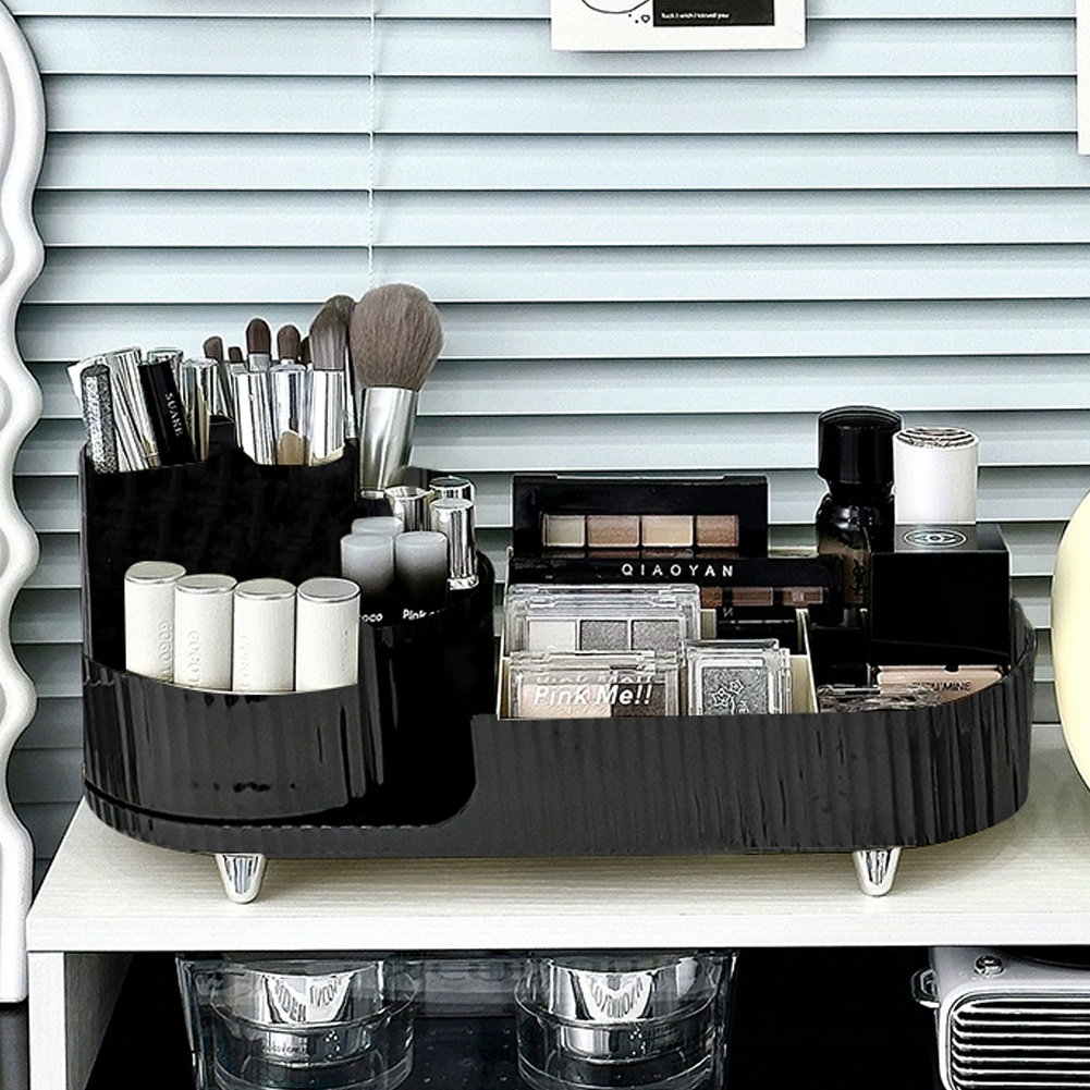 TEMU 360-degree Rotating Makeup Organiser - Black Multi-functional Storage Carousel With Multiple Compartments For Makeup Brushes Lipsticks Cosmetics