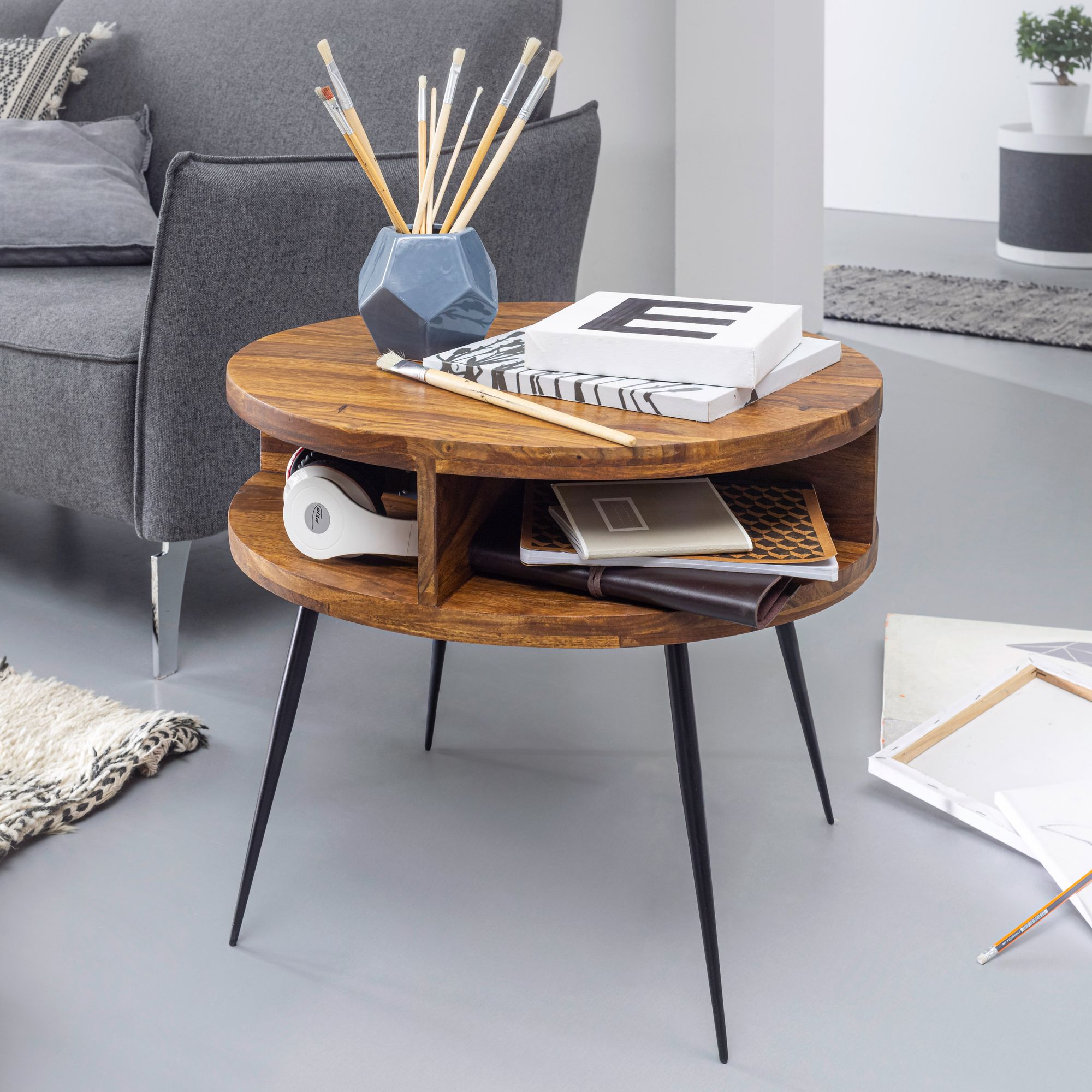 Solid Wood / Metal Coffee Table 60x45x60 Cm, Living Room Design Side Table With Shelf, Small Round Room Table